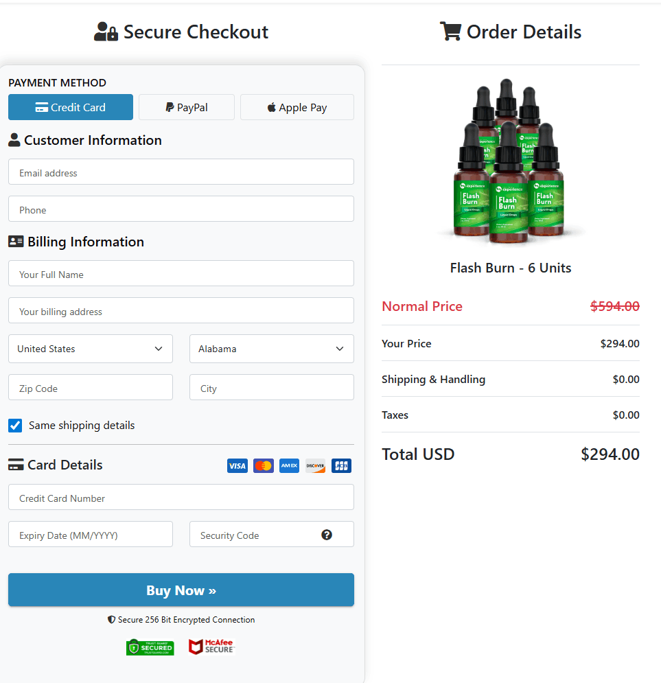 FlashBurn Checkout page